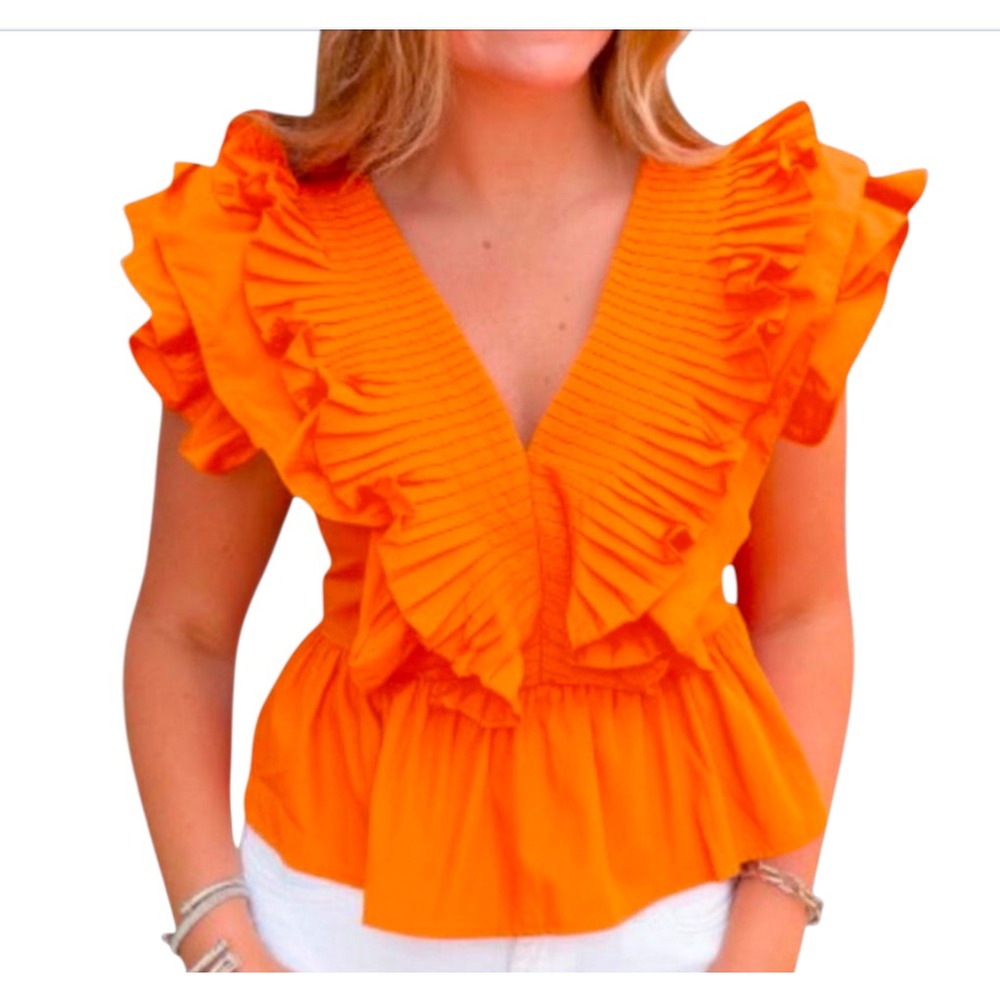 ENTRO ORANGE TOP Pleated Ruffle Deep V-Neck DRESSY COCKTAIL Peplum Cotton M